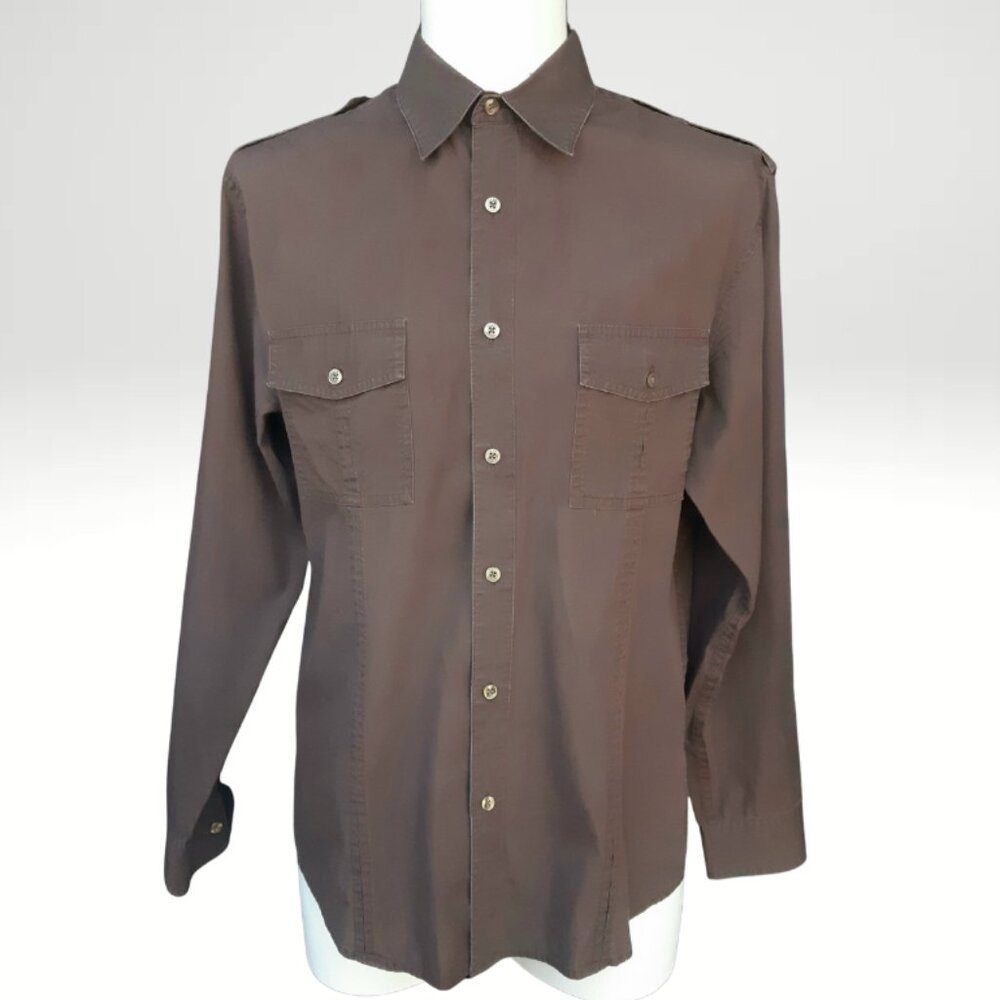 Perry Ellis SZ M Chocolate Brown 100% Cotton Men's LS Cargo Shirt